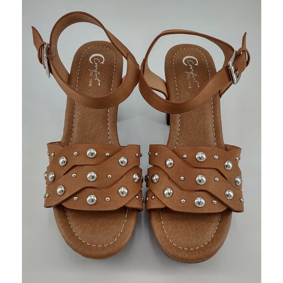 C Comfort Womens Sandals size 7M Brown Studded Open Toe Chunky Heel Ankle Strap - Picture 7 of 9